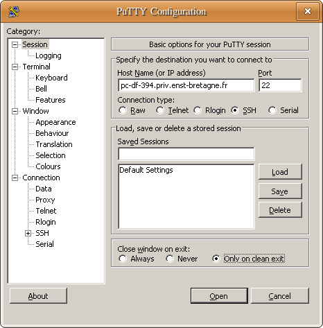 La fenêtre de configuration de PuTTY : appuyez sur le bouton SSH