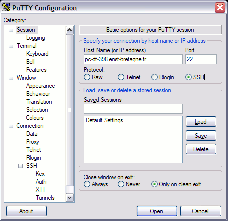 Configuration du protocole dans PuTTY